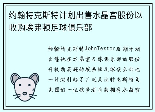 约翰特克斯特计划出售水晶宫股份以收购埃弗顿足球俱乐部 约翰特克斯特计划出售水晶宫股份以收购埃弗顿足球俱乐部