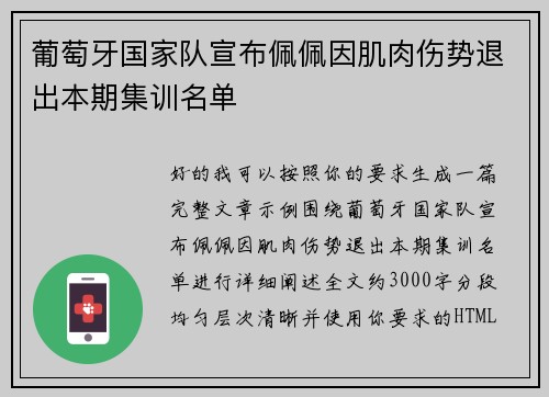 葡萄牙国家队宣布佩佩因肌肉伤势退出本期集训名单